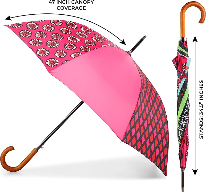 Parapluie Auto-ouvrant Totes Classic – Manche En Bois J, Coupe-vent, Imperméable, Voyage