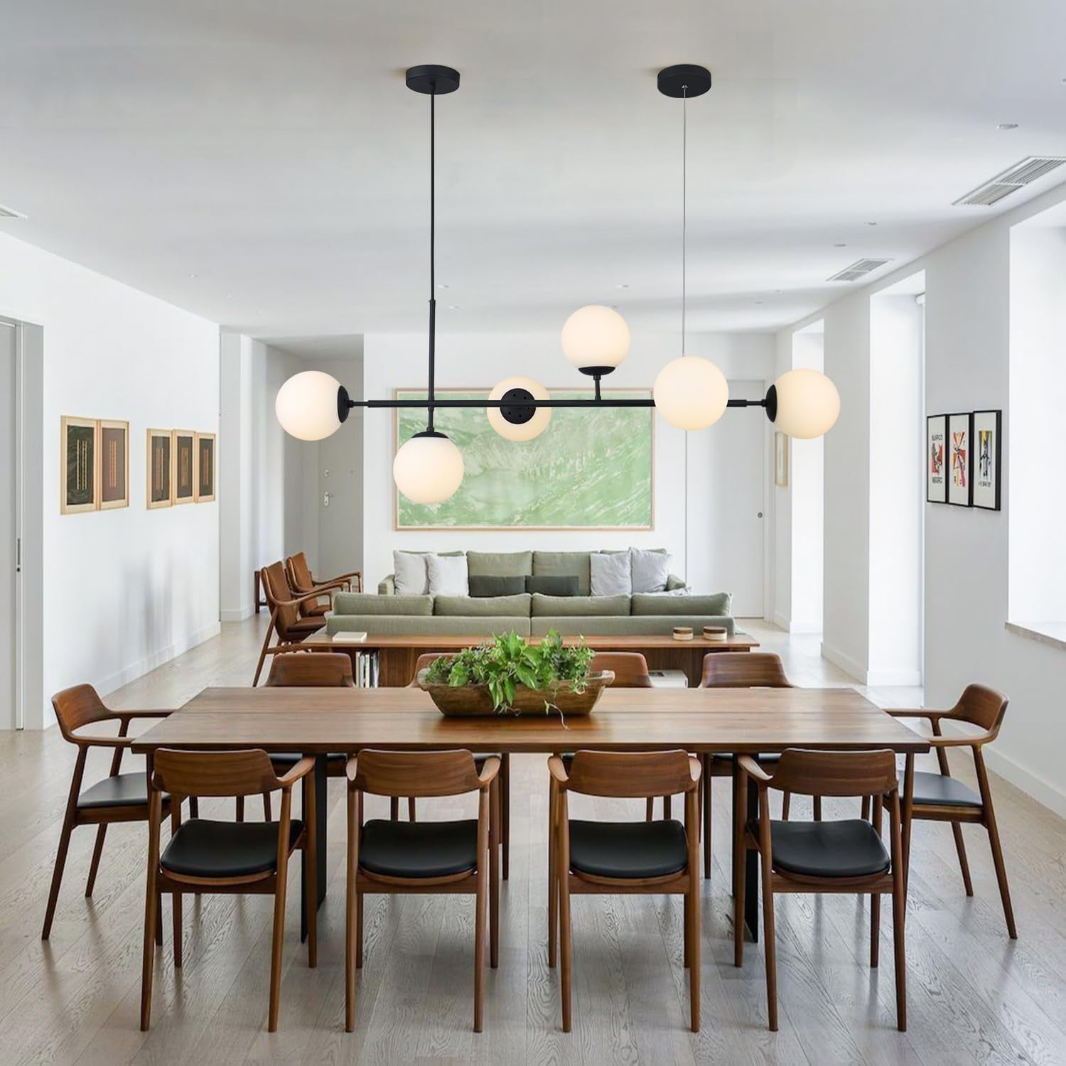 KCO Lighting Mid Century Glass Globe Modern Chandelier 6-Light Black Linear Sputnik Chandelier Kitchen Island Pendant Lighting