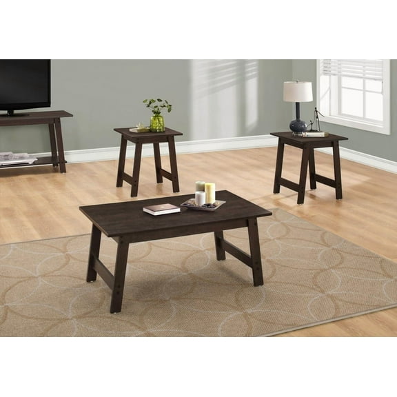 Table Set with 3 Pieces: Rectangular Coffee & Matching Square End Tables for Living Room, Brown Laminate, Transitional Design