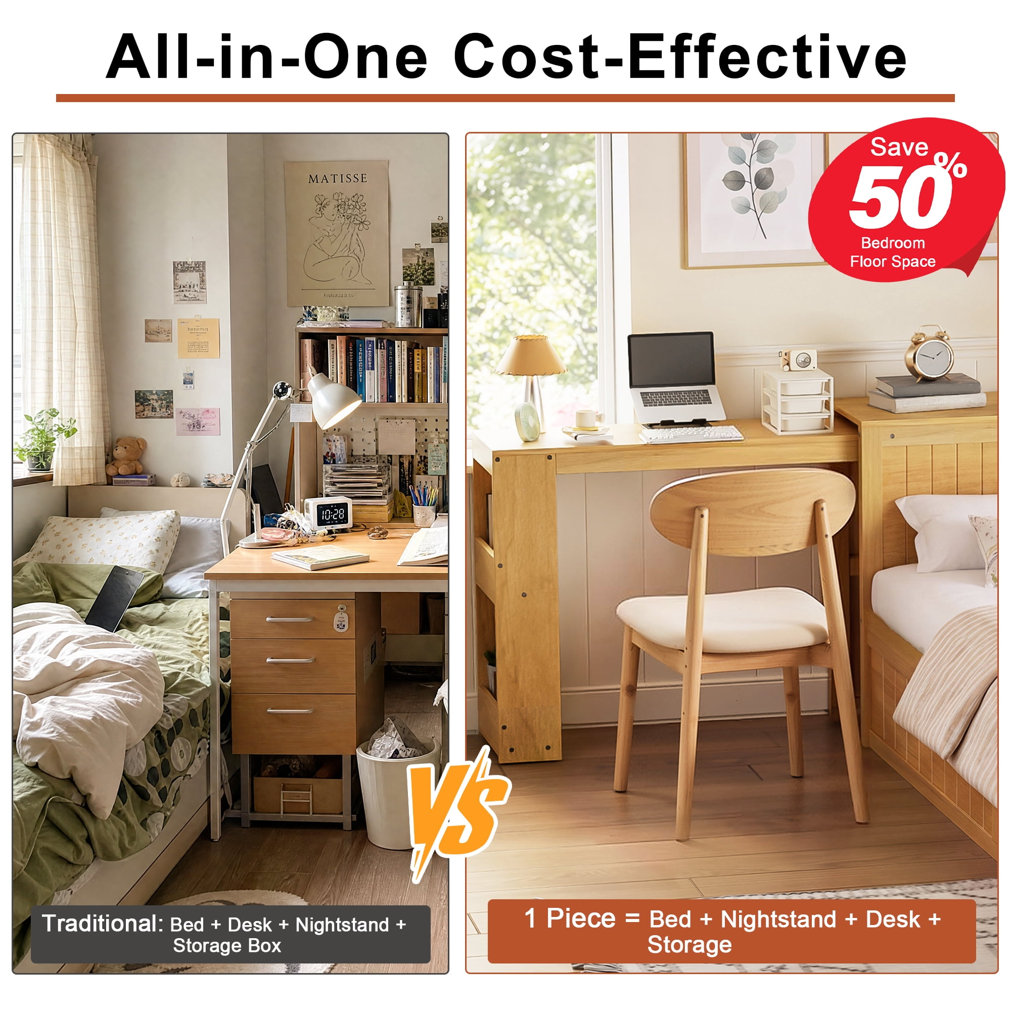 Mintazer Twin Size Platform Bed with Desk & Chair, Multifunctional Platform Bed with Storage Drawer & Side Open Shelves for Kids Teen Bedroom Apartmen, Natural