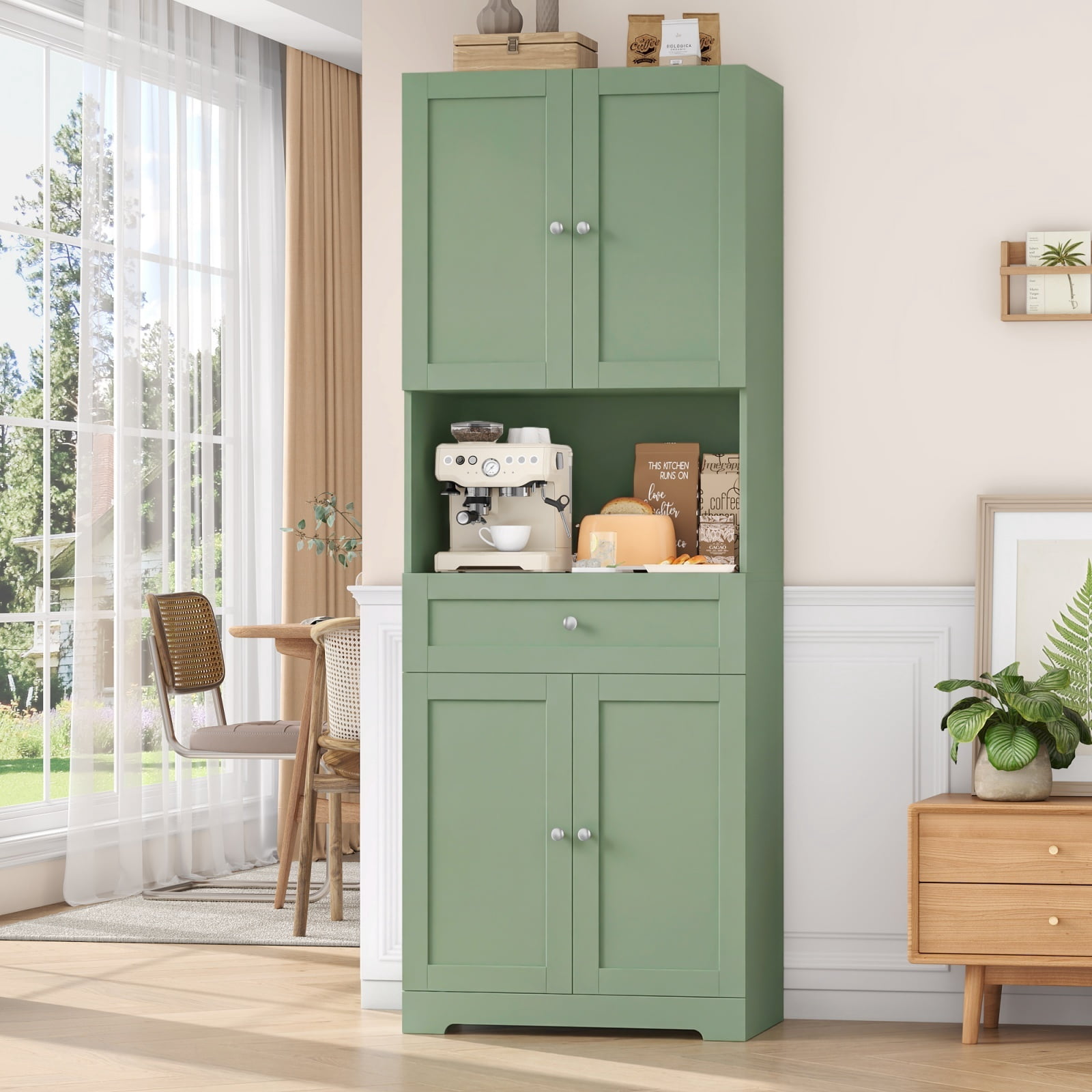 Homfa 67.5'' Tall Kitchen Pantry with Microwave Shelf, Large Storage Drawer Wood Pantry Storage Cabinet for Dining Room Living Room, Green