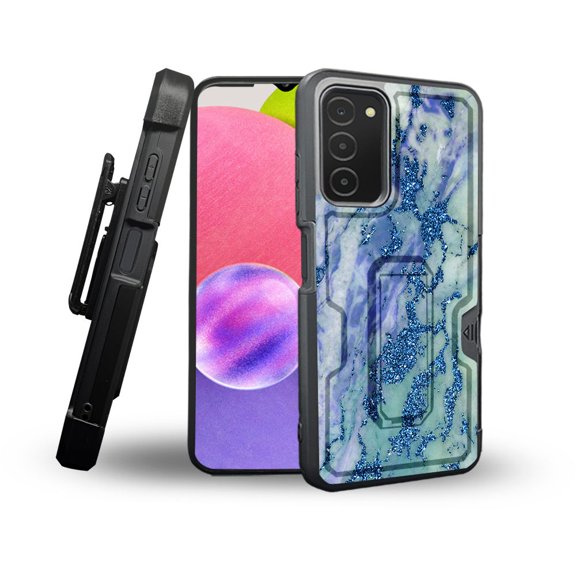 ANJ  Rugged Shockproof Holster Case Card Slot Kickstand   Tempered Glass Cover for Samsung Galaxy A03s - Blue Marbling