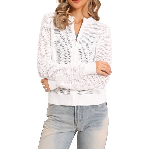 INSPIRE CHIC Knitted Sweater Cardigans for Women's Long Sleeve Zip Up Sweaters Lightweight Sweatshirts Jacket M White