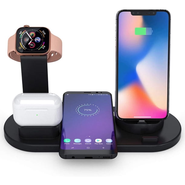Cargador inalámbrico, base de carga inalámbrica 4 en 1 para Apple Watch y Airpods, estación de carga para múltiples dispositivos, soporte de carga inalámbrico rápido Qi compatible con iPhone X/Xs/Xr/Xs