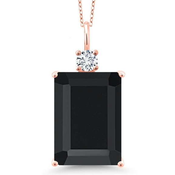 Gem Stone King 18K Rose Gold Plated Silver Black Onyx and White Lab Grown Diamond Pendant Necklace for Women (15.35 Cttw, Emerald Cut 18X13MM, With 18 inch Silver Chain)