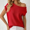 thumbnail image 5 of Fesfesfes Women's Fashion Tops Casual Fall Spring Solid Color off Shoulder Short Sleeve Pullover Knit Sweater Comfy Daily Wearing Clothes(Red,XL), 5 of 6