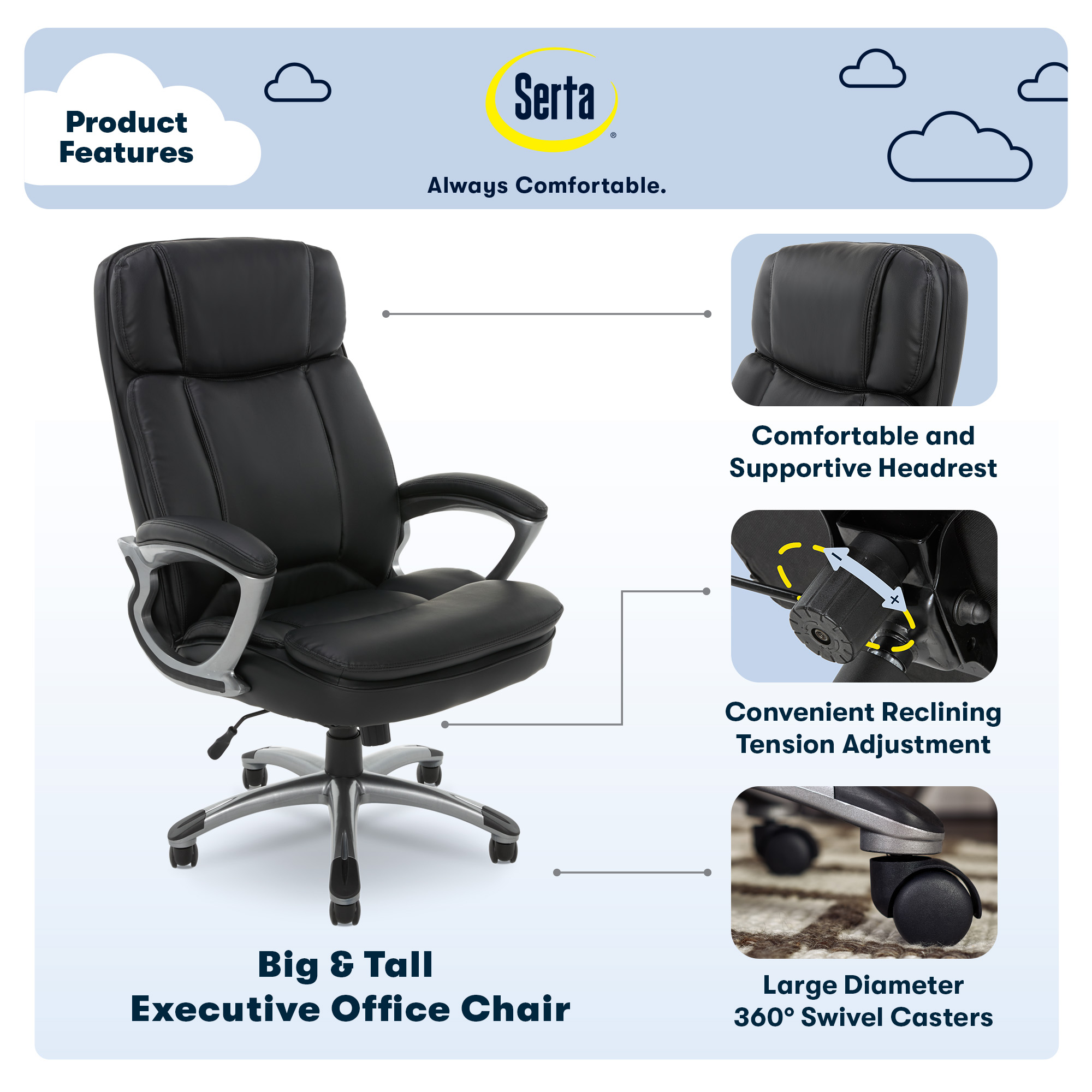 Serta Puresoft Faux Leather Big and Tall Executive Office Chair, Black - image 4 of 22