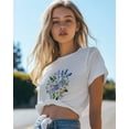 thumbnail image 4 of T Shirts for Women Short Sleeve Cotton Crewneck T-Shirt, White Blue Flower Embroidered Tee Tops Casual Basic T-Shirts, XS-5XL White 4XL, 4 of 7