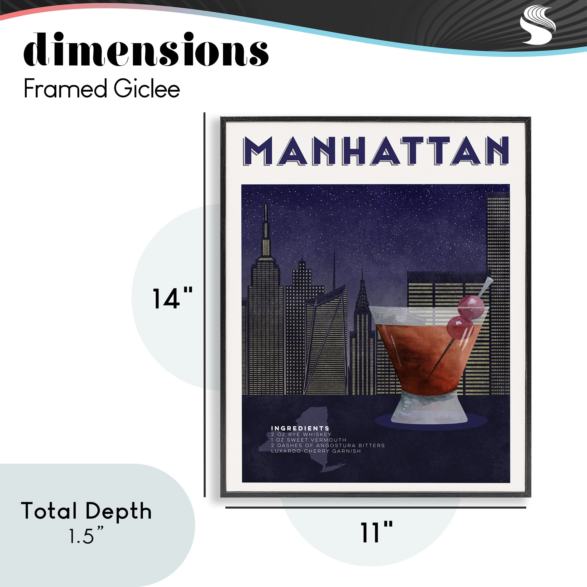 Retro Manhattan Cocktail Cityscape Black Framed Giclee Art, design by Brett Blumenthal