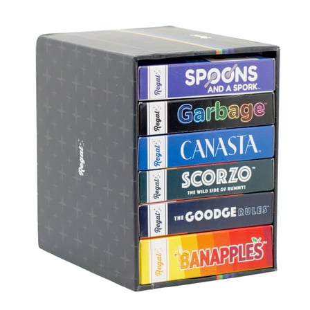 Regal Games, Mega Game Pack, 6 Card Games- ScorZo, The Goodge Rules, Banapples, Spoons and a Spork, Garbage, and Canasta - for Family Gatherings & Game Nights