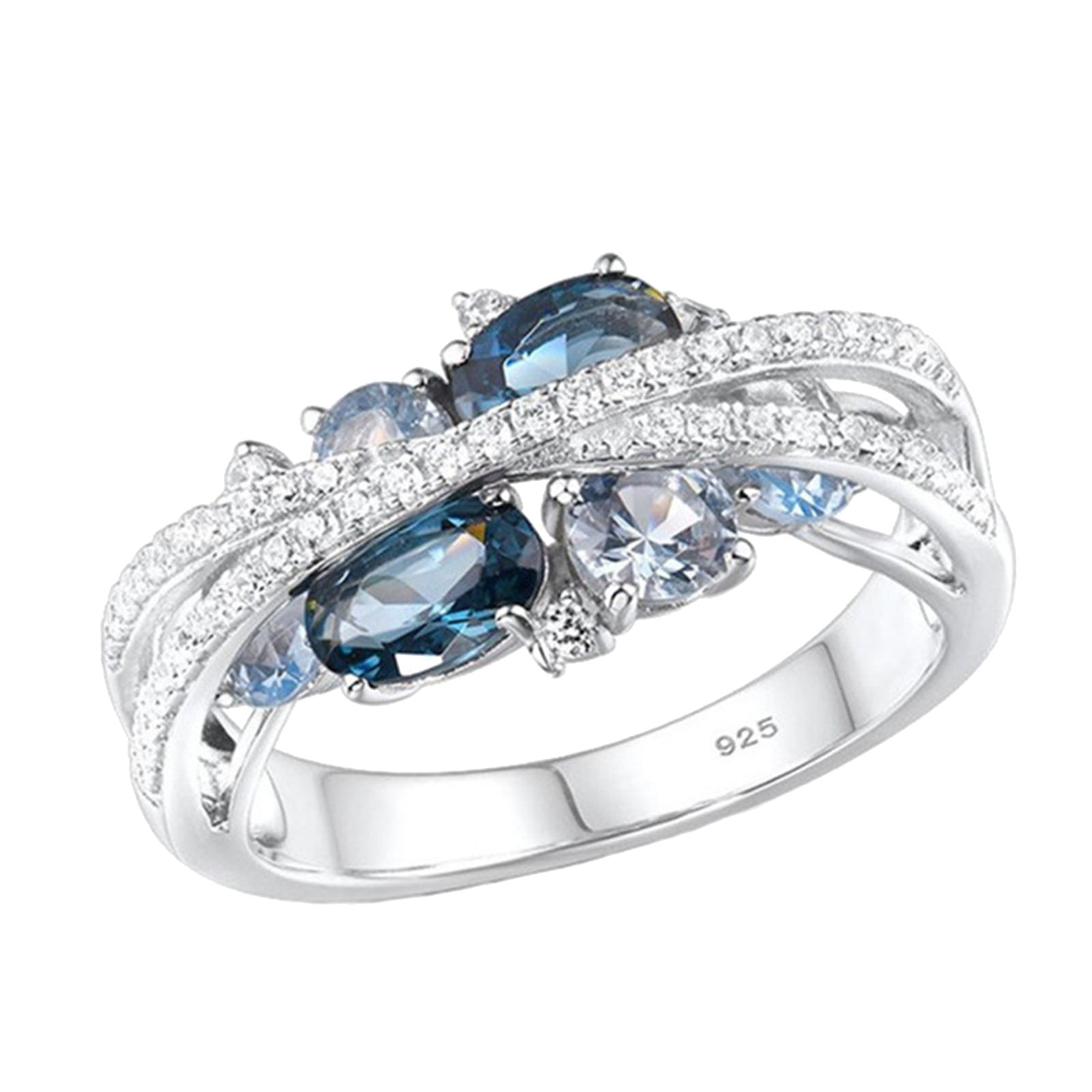 Kcodviy Women Ring Retro Creative Ring Finger New X Shaped Hollow Stainless Steel Ring Set Sea Blue Zircon Ring Men Rings for Gift