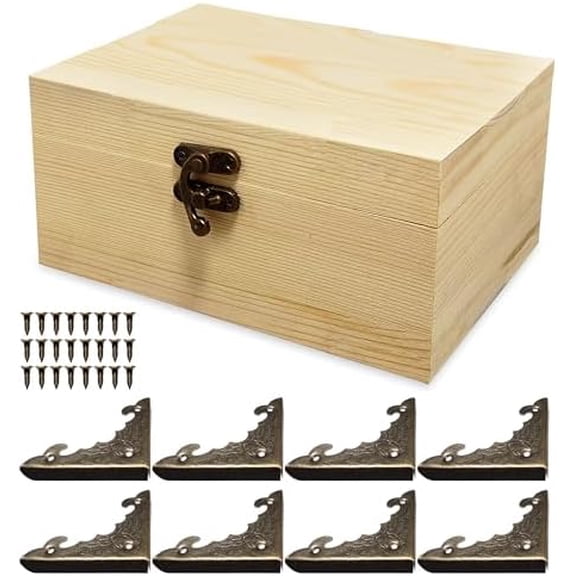 6.7"x5.1"x3.1" Unfinished Unpainted Wooden Box with Hinged Lid for Crafts DIY, Storage Jewelry Plain Pine Box with 4 Pcs Retro Style Decorative Corner Protectors