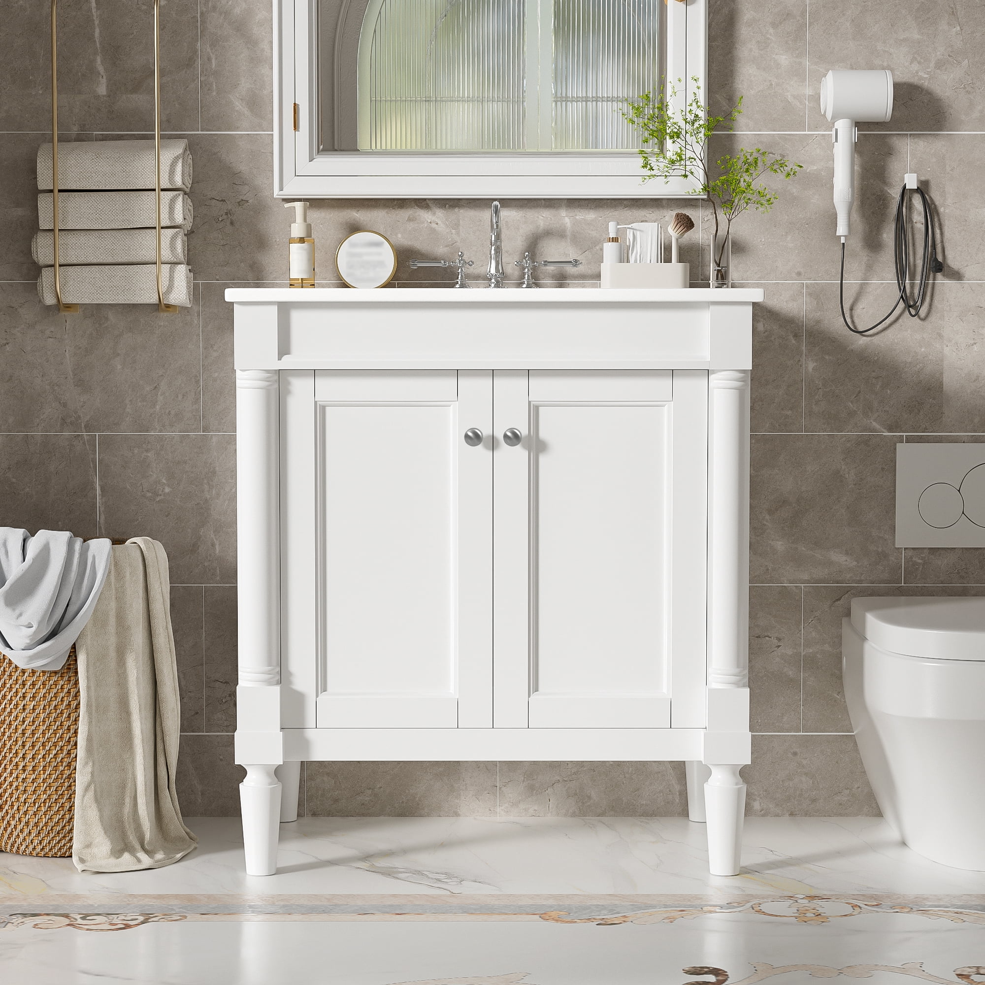 Euroco 30" Luxurious Bathroom Vanity Cabinet with Ceramic Sink Basin, 30-Inch, Storage Cabinet with Soft Close Doors and Solid Wood Legs