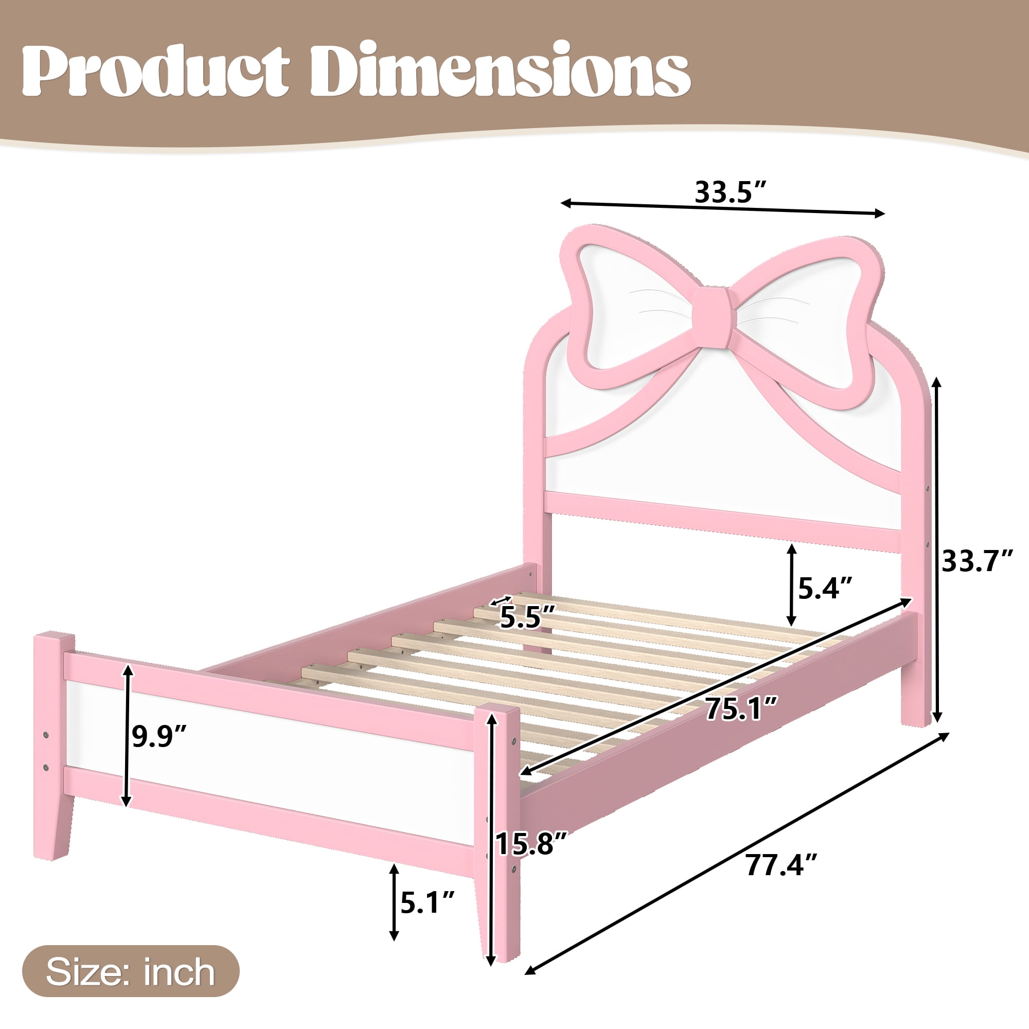 Miniyam Twin Size Kids Platform Bed with Bow-Shaped Headboard, Wood Bed Frame, Pink