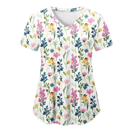 

TKing Fashion Women Scrubs Top V-Neck Short Sleeve Butterfly Print Pockets Work Blouse for Women Yellow XL