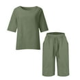 thumbnail image 3 of Womens Plus Size Capris Sets, Summer 2 Piece Linen Outfits, 3/4 Sleeve Side Slit Blouse Tops Cropped Pants with Pockets Green S, 3 of 5