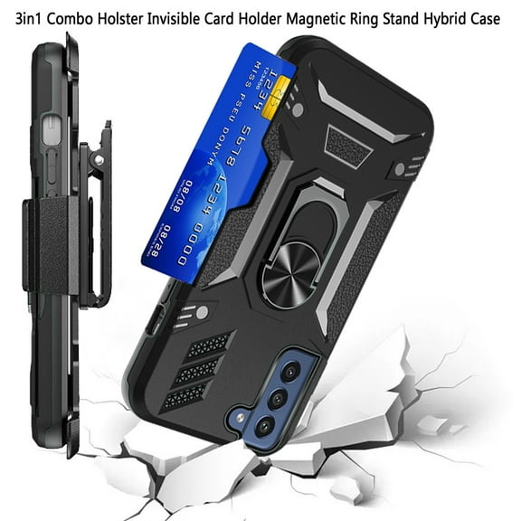 For Samsung Galaxy S22 Ultra Wallet Case with Invisible Credit Card Holder, 3 in 1 Combo Holster Clip and Ring Kickstand Cover ,Xpm Phone Case [ Black ]