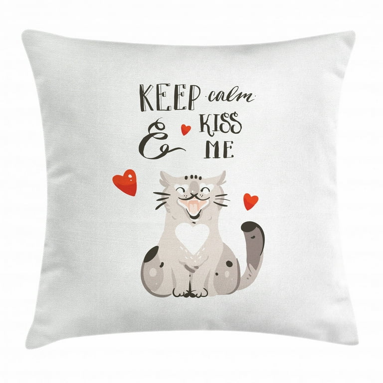 Valentine's Day Throw Pillow Cushion Cover, Love Cartoon Happy Cat with  Hand Written Kiss Me Quote, Decorative Square Accent Pillow Case, 20 X 20  Inches, Warm Taupe Vermilion and Black, by Ambesonne 