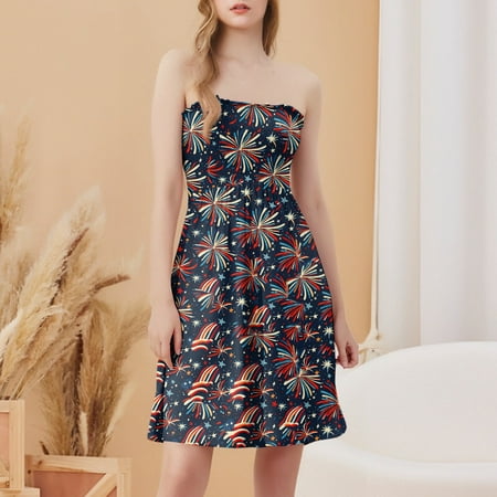 CHCNHAC 4th Of July Beach Dresses for Women American Flag Print Dresses Patriotic Elegant Flowy Swing Strapless Wedding Guest Dress Dark Blue XL