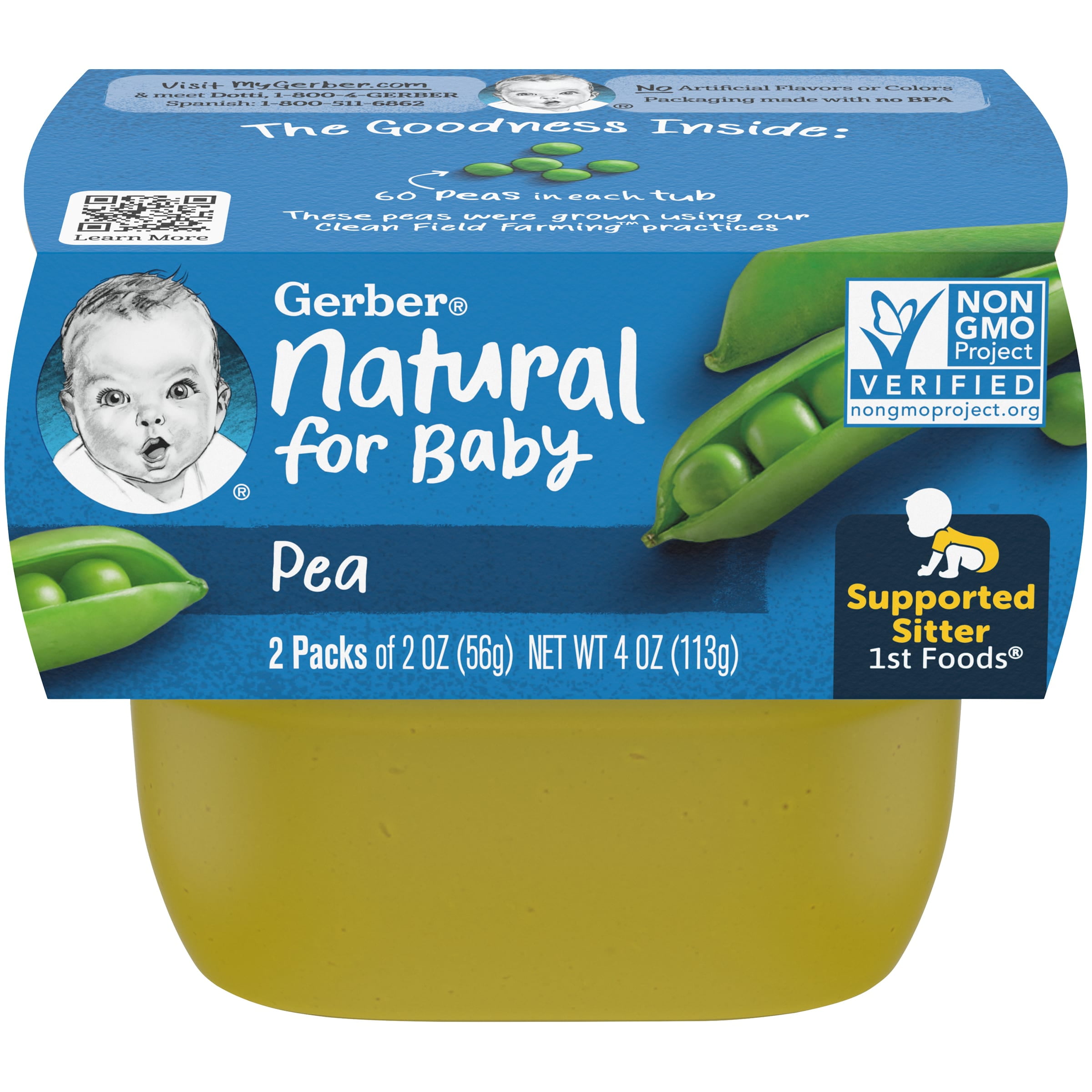 Gerber Natural Stage 1 Baby Food, Pea, 2 oz Tubs (16 Pack)