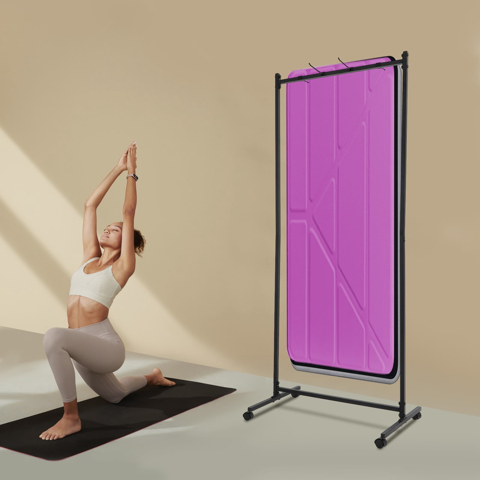185cm Yoga Mat Holder Hanging Iron Yoga Mats Storage Rack w/ Double Sided Hooks for Yoga Studio