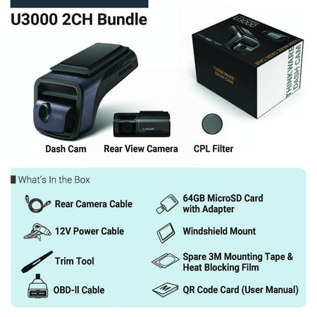 THINKWARE - U3000 4K UHD Front and 2K QHD Rear Dash Cam with Built-in GPS, WiFi and Radar - Black