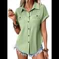 thumbnail image 2 of Camisa Plisada de Corta con Botones para Mujer, Blusa Informal de Negocios de Corte Entallado con Bolsillo, Verano 2025. Verde XXL, 2 of 9