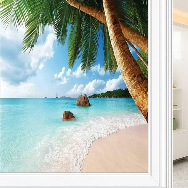 Beach Static Window Film, Green Palm Trees Clear Blue Water Sandy Exotic Seashore Rocks and Hills in Distance, Glass Film for DIY Home Decoration of Glass Windows, W17.5 x L78.7 Inch Green Sand