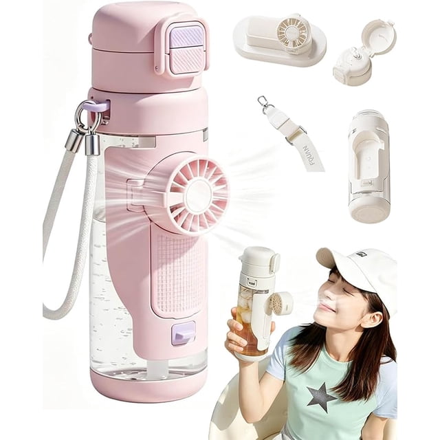 2-In-1 Water Bottle With Built-In Foldable Fan, 2026 New Water Misting Fan Portable Handheld Spray Fans, 23.3 Oz Dual Drinking Water Bottle, 150° Rotation Misting WaterBottle