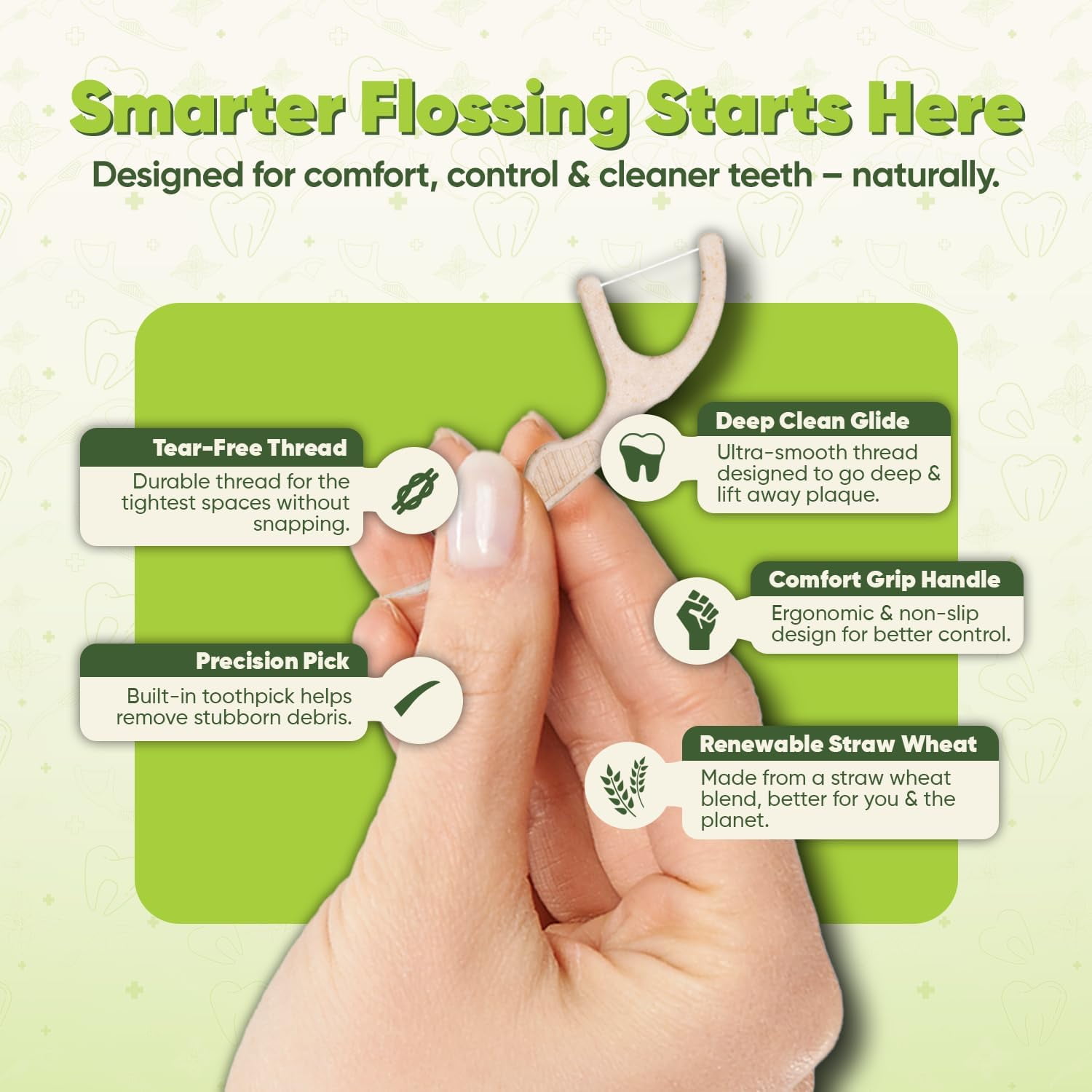 Dental Floss Picks - Straw Wheat Handle Flossers | Thin & Shred-Resistant Thread for Tight Gaps Adults Gentle on Gums Teeth Gluten-Free Vegan (200 Pack Mint)