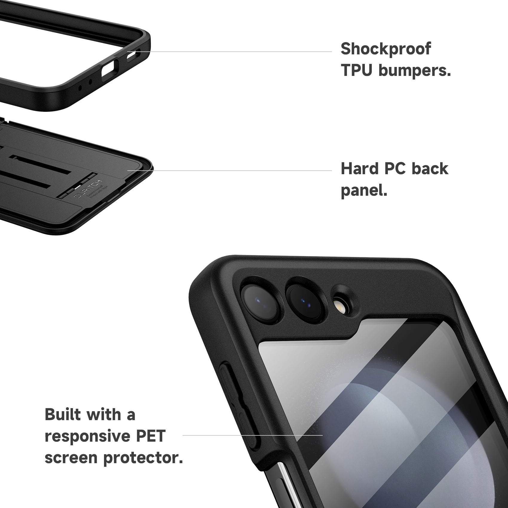 Suritch Cell Phone Case for Samsung Galaxy Z Flip 5 with Screen Protector and Kickstand, Black