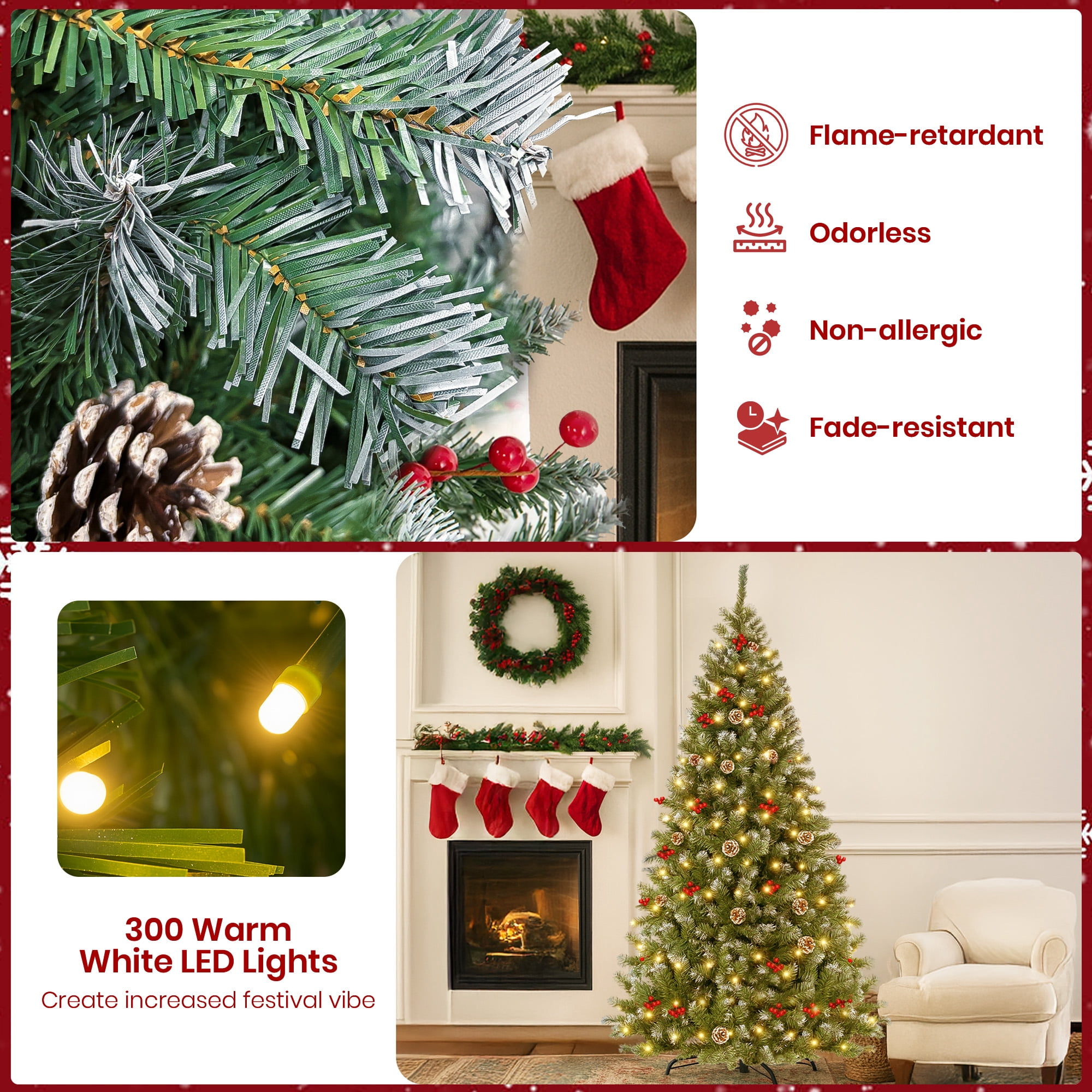 GVDV 6FT Pre-Lit Berry Christmas Tree, Artificial Snowflake Christmas Tree with 300LED Warm White Lights, Pine Cones & Top Star, Xmas Holiday Decor, Metal Hinges Easy Assembly