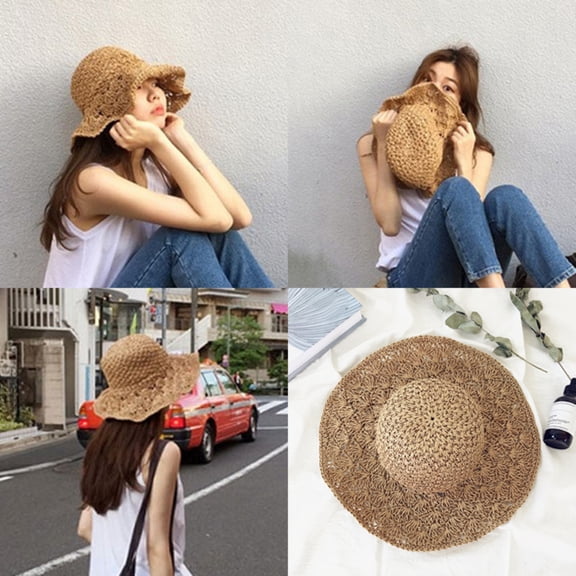 Dress Choice Women Straw Hat Wide Brim Beach Sun Cap Foldable Floppy Lightweight and Breathable Sunhat for Holiday Travel