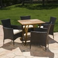 thumbnail image 3 of GDF Studio Hahn Outdoor Acacia Wood and Wicker 5 Piece Dining Set with Cushions, Teak, Multibrown, and Beige, 3 of 13