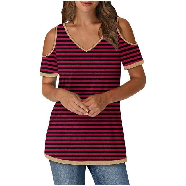 Tops de Algodón para Mujeres Tira Impresa Manga Corta Cuello en V Fuera Del Hombro, Top de Moda para el Uso Diario