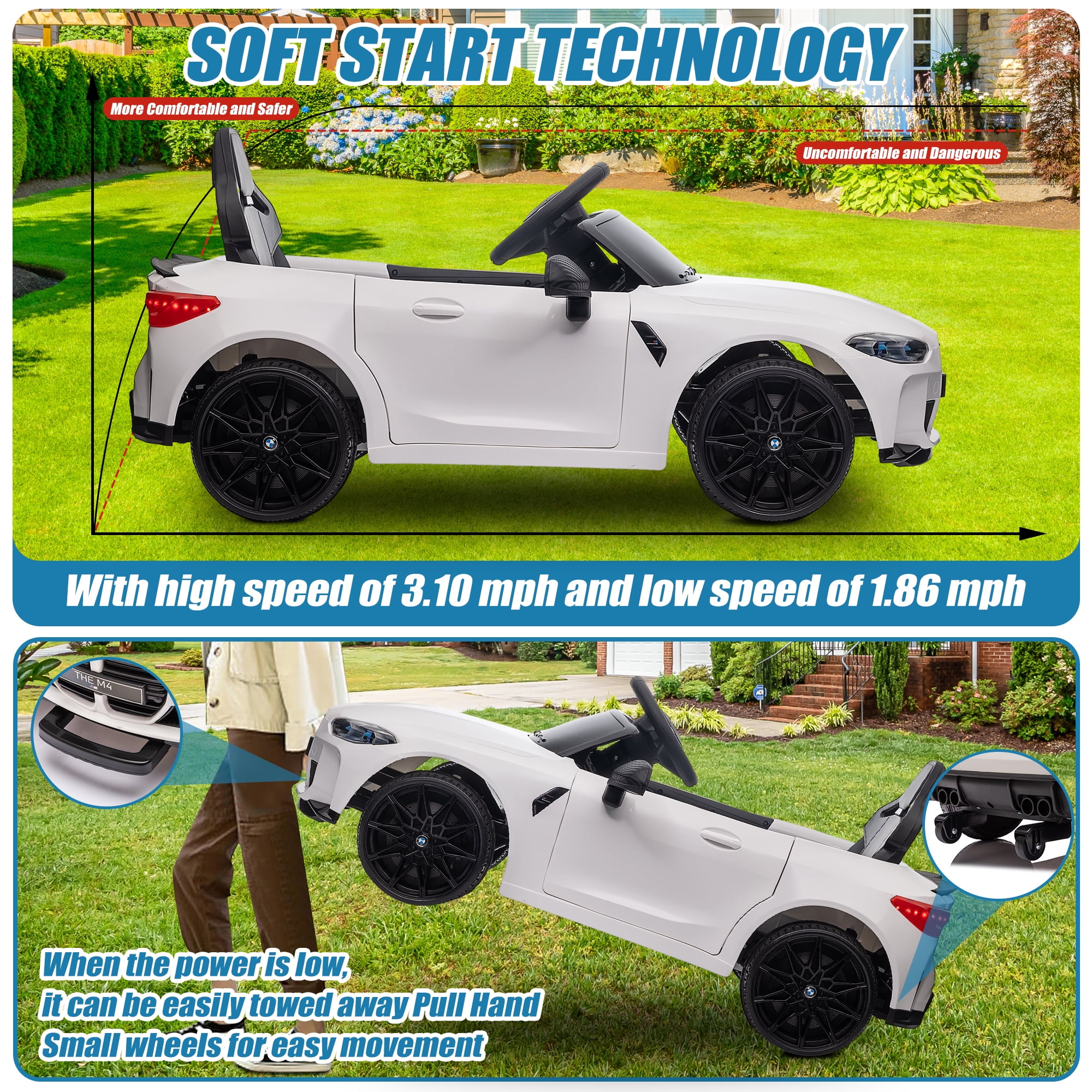 12V Ride on Cars with Remote Control, Licensed BMW M4 Battery Powered Ride on Toys for Kids Boys Girls Gifts, Kids Electric Cars Vehicle with Music, Bluetooth, Story, USB/MP3 Port, LED Light, White