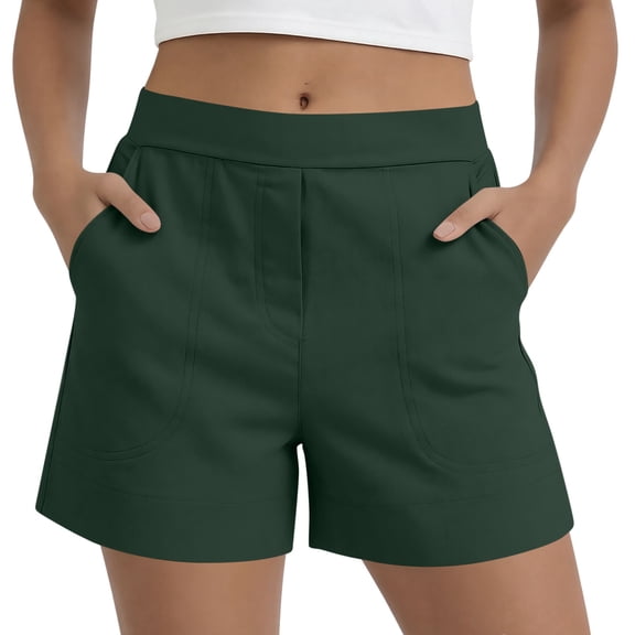iHPH7 Women's Stretch Waist Shorts Summer Casual Lightweight Solid Color Shorts Elastic Waist Comfy Relaxed Fit Lounge Shorts with Pockets for Vacation Travel Everyday Wear Dark Green L