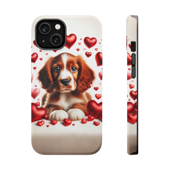 DistinctInk Tough Case for Apple iPhone 15 PLUS (6.7" Screen), Compatible with MagSafe Charging - Valentine's Day Sussex Spaniel Puppy