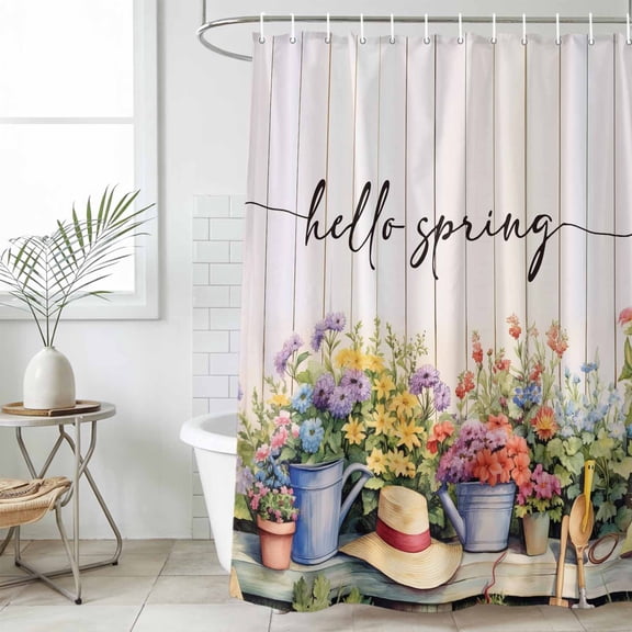 Hello Spring Waterproof Fabric Shower Curtain,Elagant Summer Floral Botanical Wooden Waterproof Fabric Shower Curtain for Bathroom Curtains Bathtubs Hotel Shower Curtains with 12 Hooks Standard 66x72