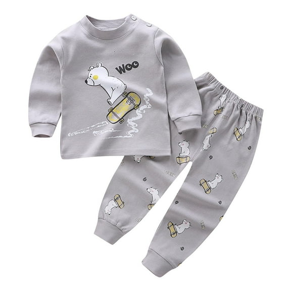 Odeerbi Baby Boys Girls Cotton Pajama Sets Cute Cartoon Print Pajamas Long Johns Fall Winter Thermal Underwear Set Long Sleeve Tops Printed Long Pants Sets Baby Clothes Gray