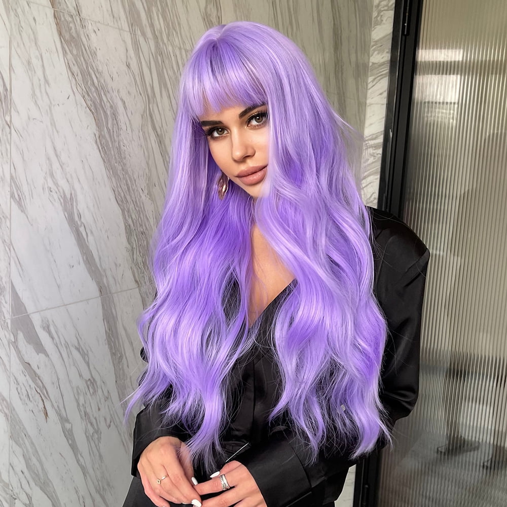 ✨NWT Purple Wig With Bangs Long Wavy Synthetic Heat  display picture 3