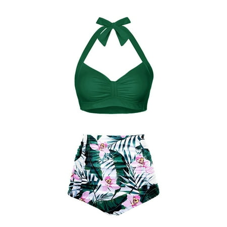 JUMESG Women Two Piece Vintage Swimsuit Retro Halter Ruched High Waist Bikini with Bottom(Green M)