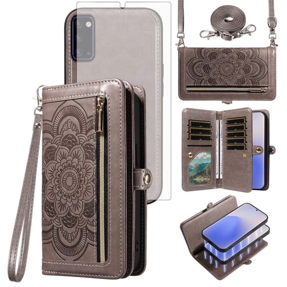 Asuwish Phone Case for Samsung Galaxy Note 20 5G Zipper Wallet Detachable Cell Cover with Tempered Glass Screen Protector Strap Flower Flip Card Holder Slot Note20 Notes 20s Twenty Not S20 Women Gray