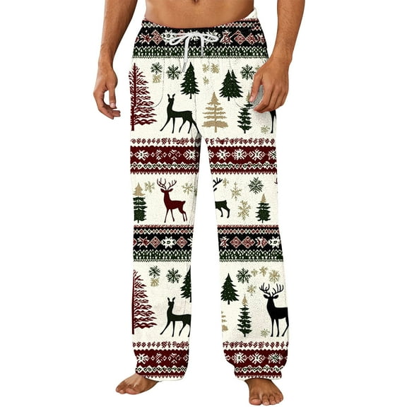 successthop Christmas Flannel Pajama Pants Men Deer Trousers Elastic Drawstring Sleep Bottoms with Pocket Loungewear