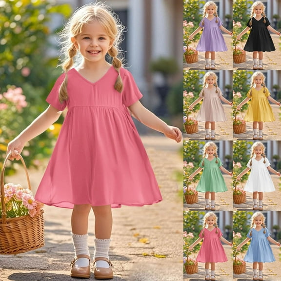 Agkizg Girls Short Sleeve Dresses Crewneck Solid Color Casual A Line Cottons Girl Sundress Dresses