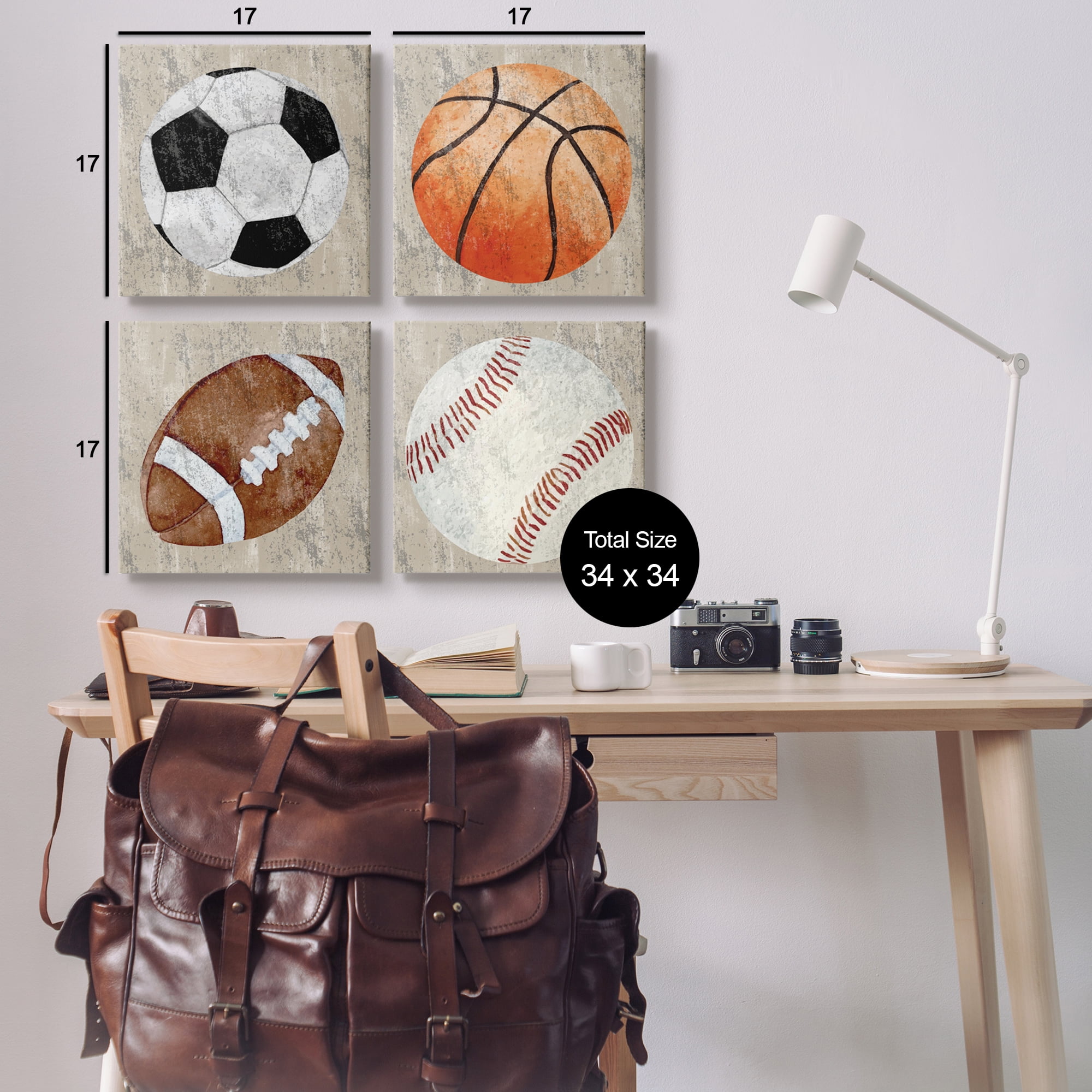 Stupell Industries Various Rustic Sports Balls Art for Kids Painting Gallery Wrapped Canvas Art Print Wall Art, 17 x 17, Set of 4