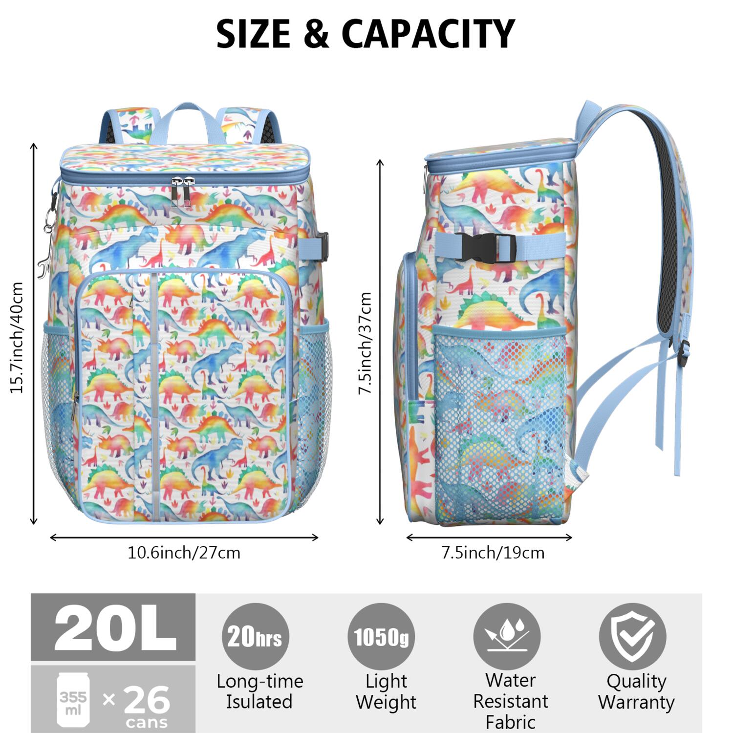Travel Cooler Bag - White Cartoon Watercolor Dinosaurs Pattern Camping Beer Cooler Backpack with Bottle Opener- Waterproof Insulated Picnic Backpacks - Cooler Bag for Beach