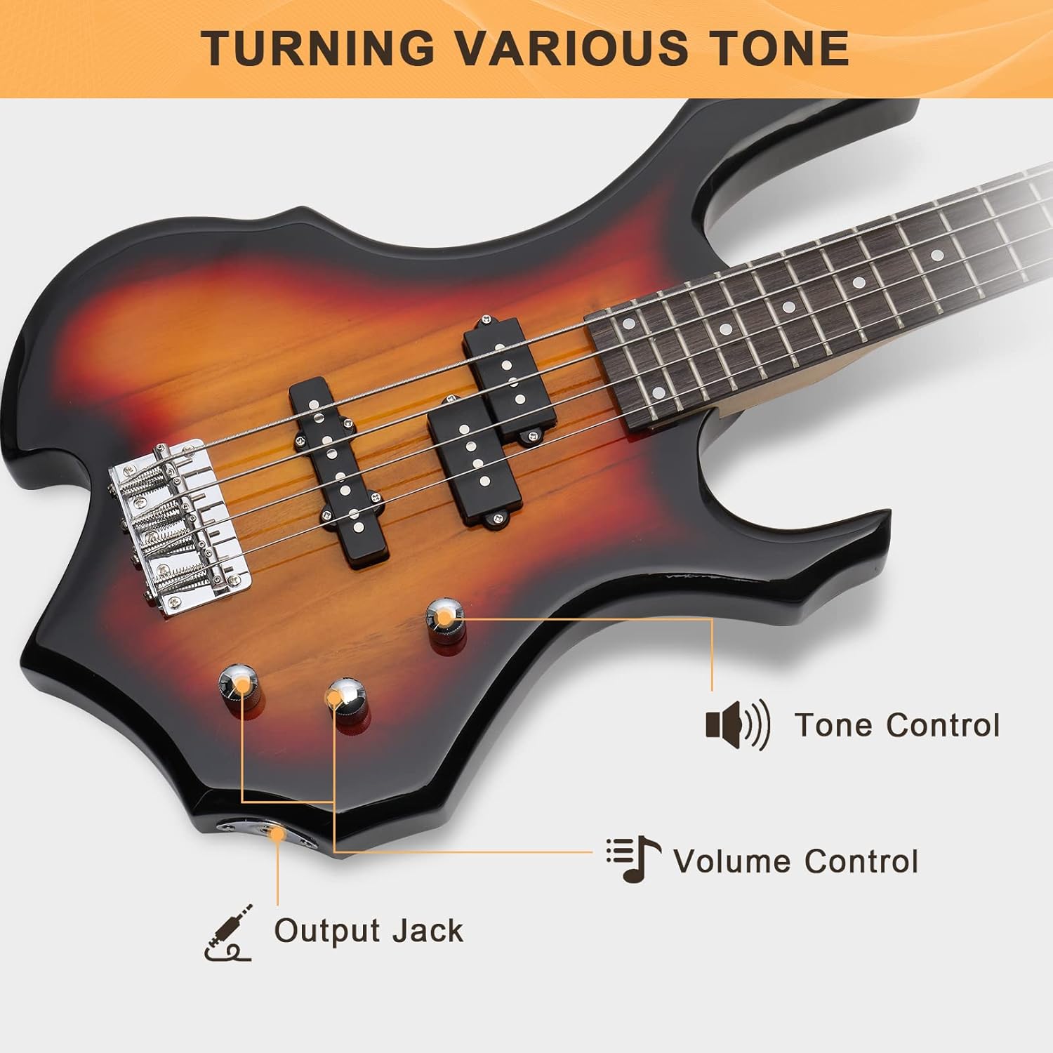 GLARRY Electric Bass Guitar 4 Strings Buring Fire Style Single Coil - Split Single Coil Pickups for Beginner Adults Right Hand w/ 20W Amp, Bag, Strap and Cord (Black)