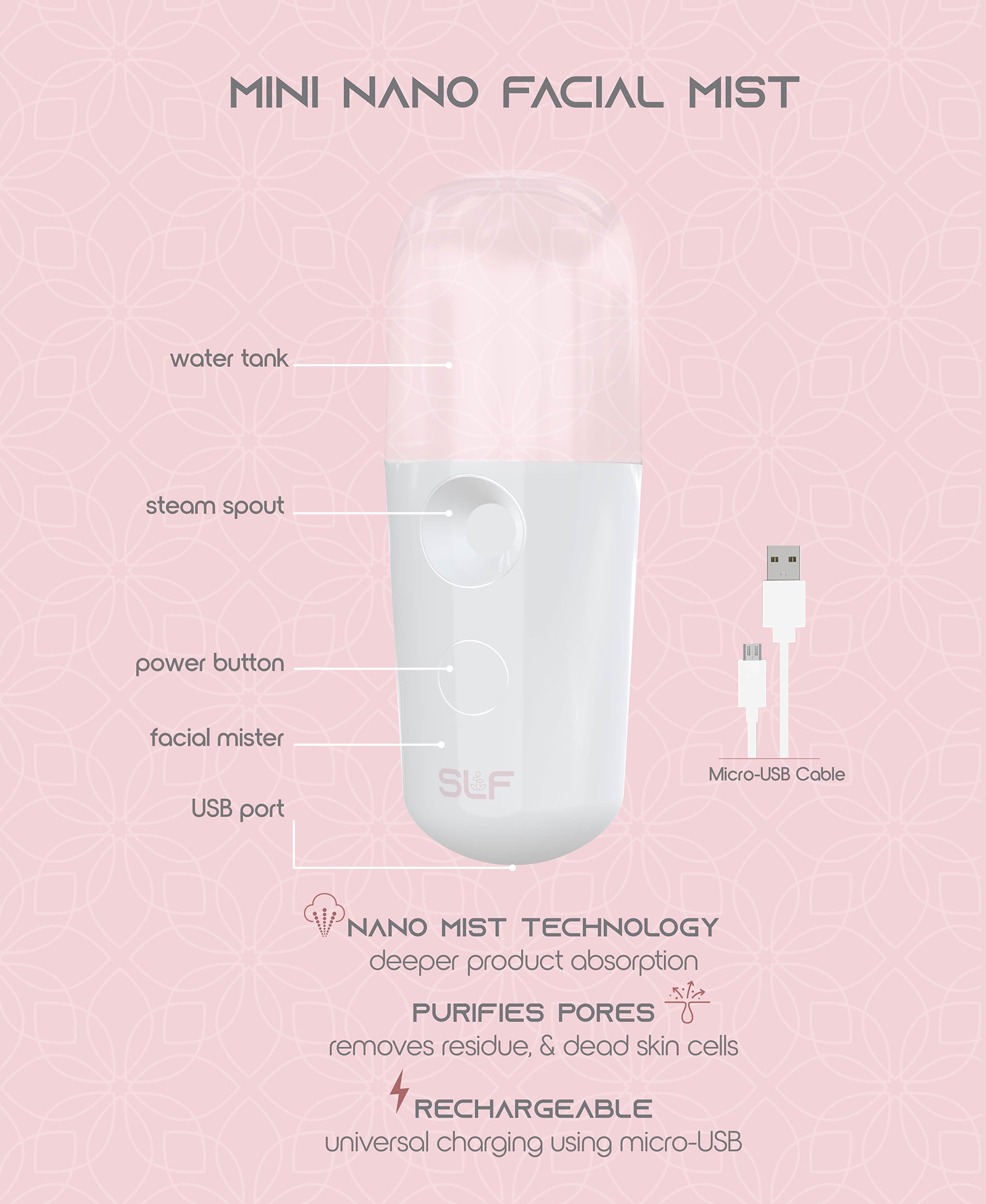 SLF Mini Nano Facial Mister, White, Rechargeable Face Mist Steamer