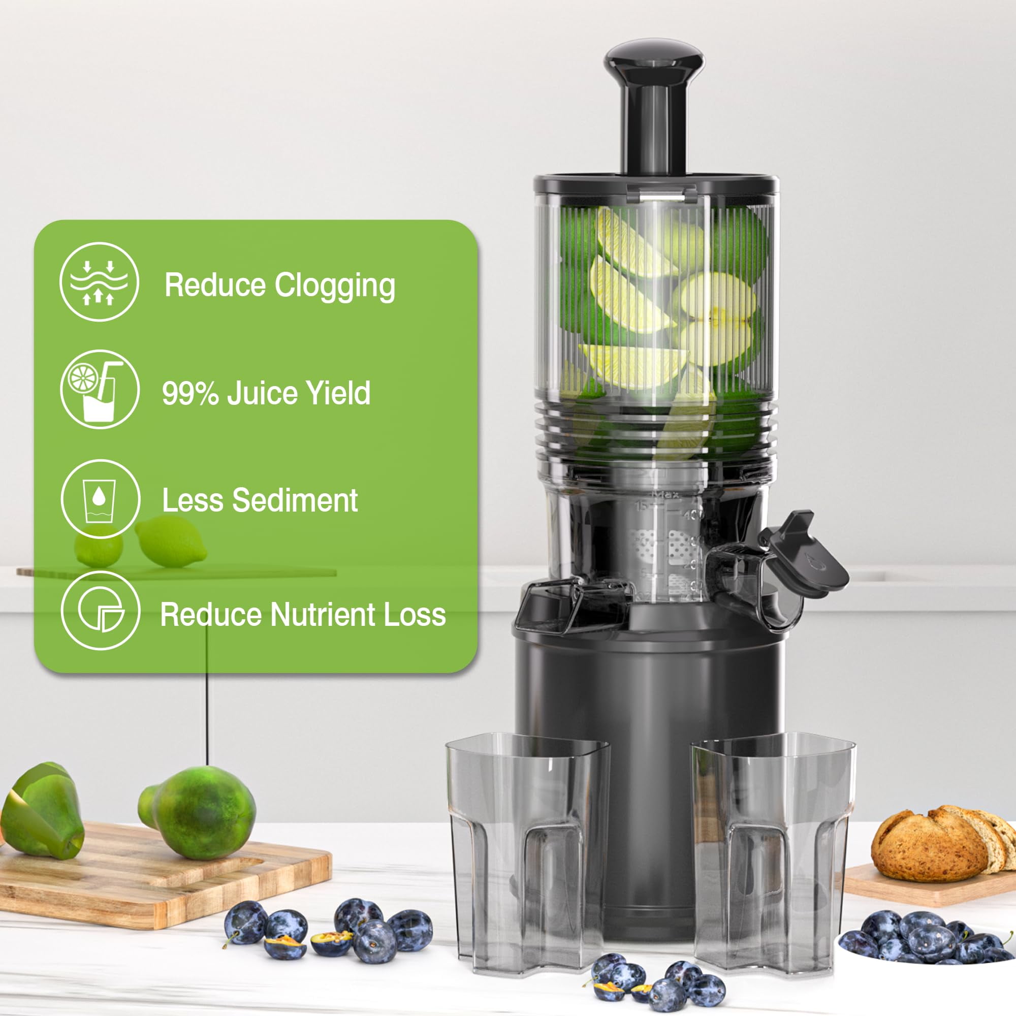 Cofiyard Cold Press Juicer Machine, Professional Slow Masticating Juicer, 6.5" Extra Wide Feed Chute, 351W Powerful AC Brushless Motor, for Whole Fruit and Vegetables, Silver